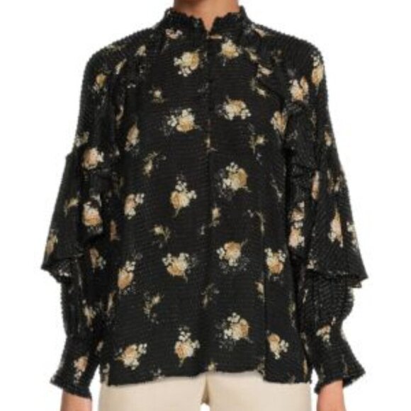 Maje Floral Ruffle Sleeve Top Size 2(M US) Black - Picture 1 of 7